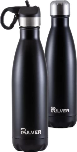 Pulver - Bouteille Thermos / Gourde De Luxe En Acier Inoxydable - Sans BPA - 500 Ml - Bouteille D'eau Avec Paille - Gourde - Double Isolation - Zwart