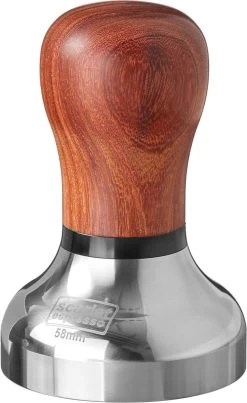 Expresso écarlate | Tamper "Vittoria" Pour Barista; Avec Poignée Ergonomique En Bois Précieux Et Base En Acier Inoxydable Poli Et Poli Brillant. Bois De Santal Rouge 58 Mm