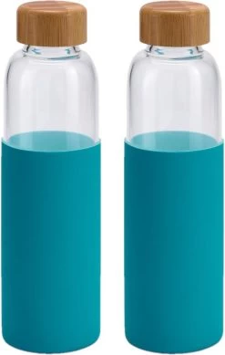 4x Bouteille D'eau / Gourde En Verre Avec Housse De Protection En Silicone Bleu Turquoise 600 Ml - Bouteille De Sport - Bouteille De Sport