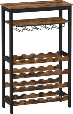 Nancy's Plaisance Casier à Vin Avec Porte-Verres - Porte-Vin - Porte-Bouteilles - Debout - Industriel - Marron Et Zwart - 66 X 30 X 100 Cm