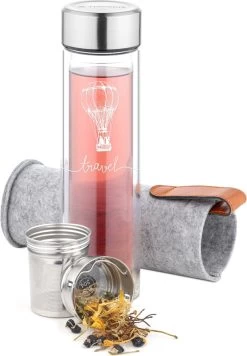 Bouteille à Thé En Verre Navaris Avec Filtre - 500 Ml - Bouteille D'eau En Verre - Gourde à Double Paroi - Bouteille Avec Bouchon, Infuseur à Thé Et Couvercle