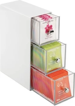 MDesign - Boîte à Thé - Commode/boîte De Rangement/organisateur - Pour La Cuisine - Pour Différents Types De Sachets De Thé, Dosettes De Café, Bonbons Et Plus - Pratique/résistant - Blanc/transparent