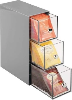 Boîte à Thé - Commode/boîte De Rangement/organisateur - Pour La Cuisine - Pour Différents Types De Sachets De Thé, Dosettes De Café, édulcorants Et Plus - Pratique/résistant - Gris/transparent - Emballé Par 2 Pièces