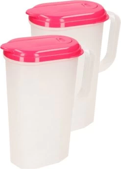 2x Pichet à Eau/pichet à Jus Transparent/rouge Avec Couvercle 2 Litres En Plastique - Pichet étroit Qui Tient Dans La Porte Du Réfrigérateur
