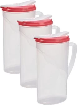 3x Pichet à Eau/pichet à Jus Transparent/rouge Avec Couvercle 1,8 Litre En Plastique - Pichet étroit Qui Tient Dans La Porte Du Réfrigérateur