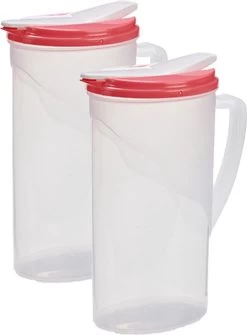 2x Pichet à Eau/pichet à Jus Transparent/rouge Avec Couvercle 1,8 Litre En Plastique - Pichet étroit Qui Tient Dans La Porte Du Réfrigérateur