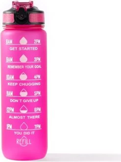 Gourde Motivation - Gourde Avec Marquage De L'heure - Avec Paille En Siliconen - 1 Litre - Rose - Marquages Horaires - Sans BPA - Bec Verseur Pratique - Water - Adultes Et Enfants - Cadeau - Saint Valentin - Bouteille De Sport - Fitness