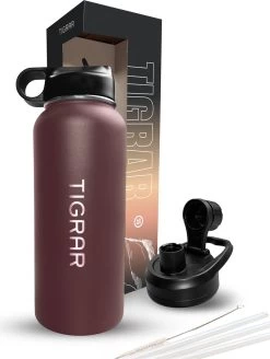 Tigrar - Bouteille D'eau Avec Paille - Gourde 1 Litre - Bouteille Thermos - Acier Inoxydable - Avec Bouchon Supplémentaire Et 3 Pailles