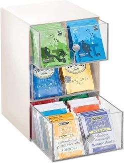 MDesign - Boîte à Thé - Organisateur De Cuisine/boîte De Rangement Pour Sachets De Thé, Tasses à Café, Bonbons Et Plus - Avec 18 Compartiments Et 3 Tiroirs/plastique - Crème/transparent