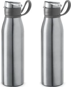 Bouteille D'eau / Gourde En Aluminium 2x Pièces Argent Avec Bouchon à Valve Et Poignée 650 Ml - Bouteille De Sport - Bouteille D'eau
