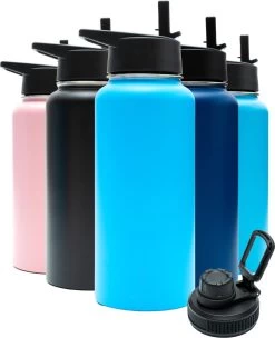 Bouteille Thermos - Blue Aqua - 1 Litre - Bouchon Extra Avec Paille Et Bec Verseur - Bouteille D'eau Avec Paille - Bouteille Isotherme - Sans BPA - Étanche