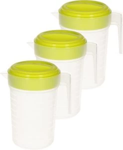 3x Pichet à Eau/pichet à Jus Transparent/vert Avec Couvercle 2 Litres En Plastique - Pichet étroit Qui Tient Dans La Porte Du Réfrigérateur
